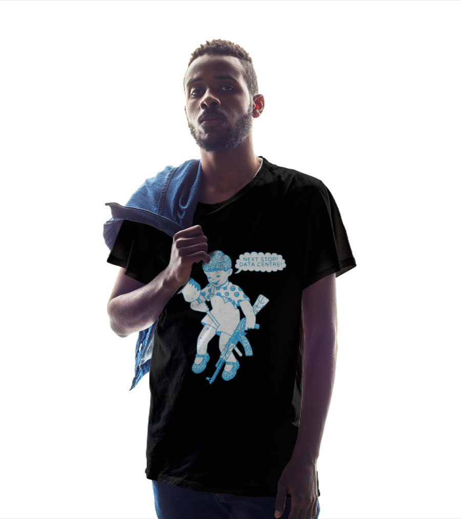 Next Stop Data Centre Kid With Hobby Horse And Toy Rifle Tech Humor T-Shirt