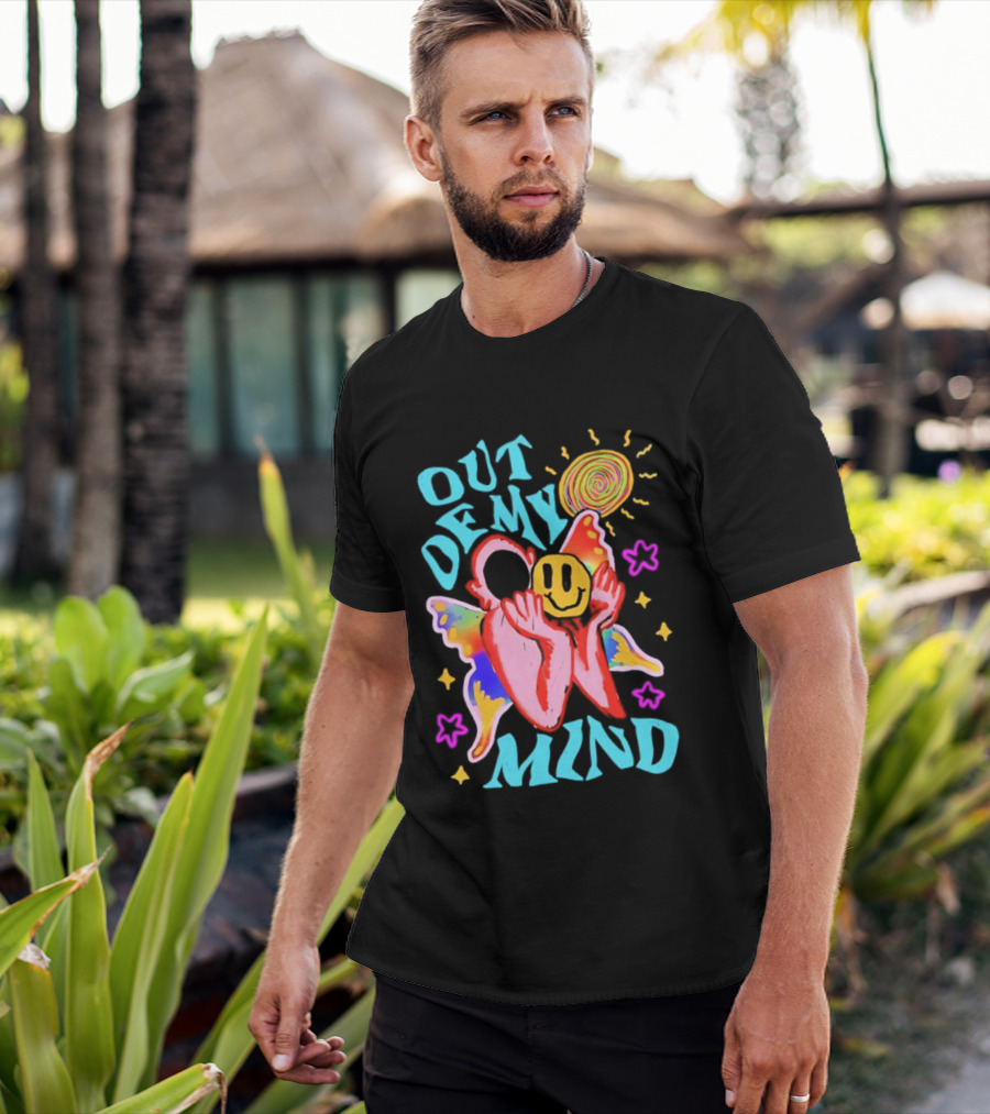 Out Of My Mind Smiley Face Butterfly Psychedelic Sunburst Fantasy Flowers T-Shirt