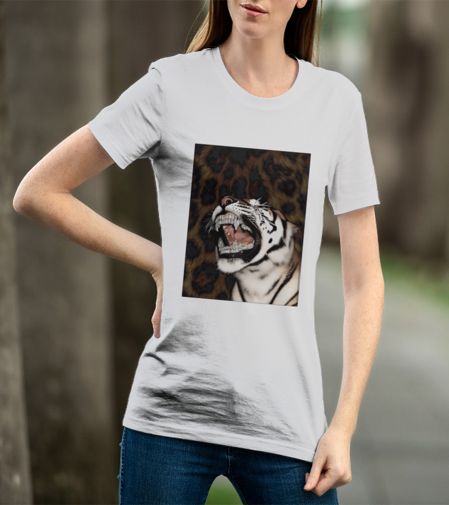 Tiger Diamond Grillz Iced Out Animal Roaring With Leopard Print T-Shirt