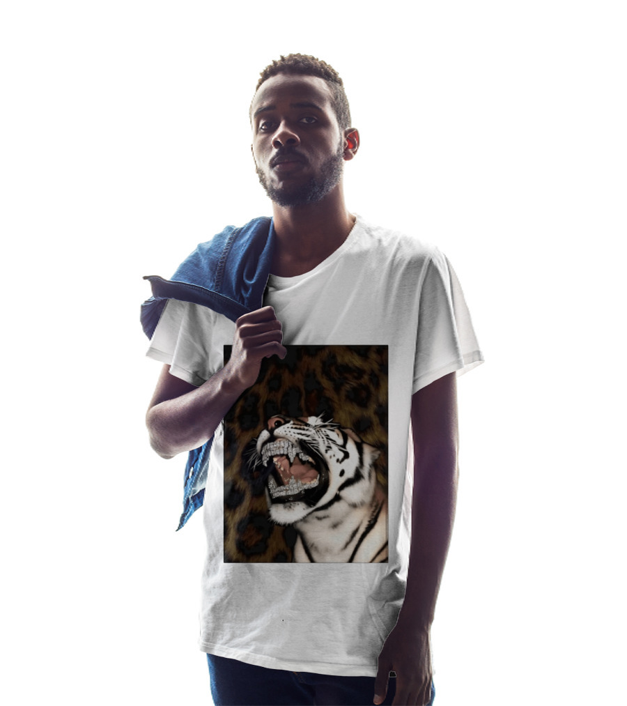 Tiger Diamond Grillz Iced Out Animal Roaring With Leopard Print T-Shirt