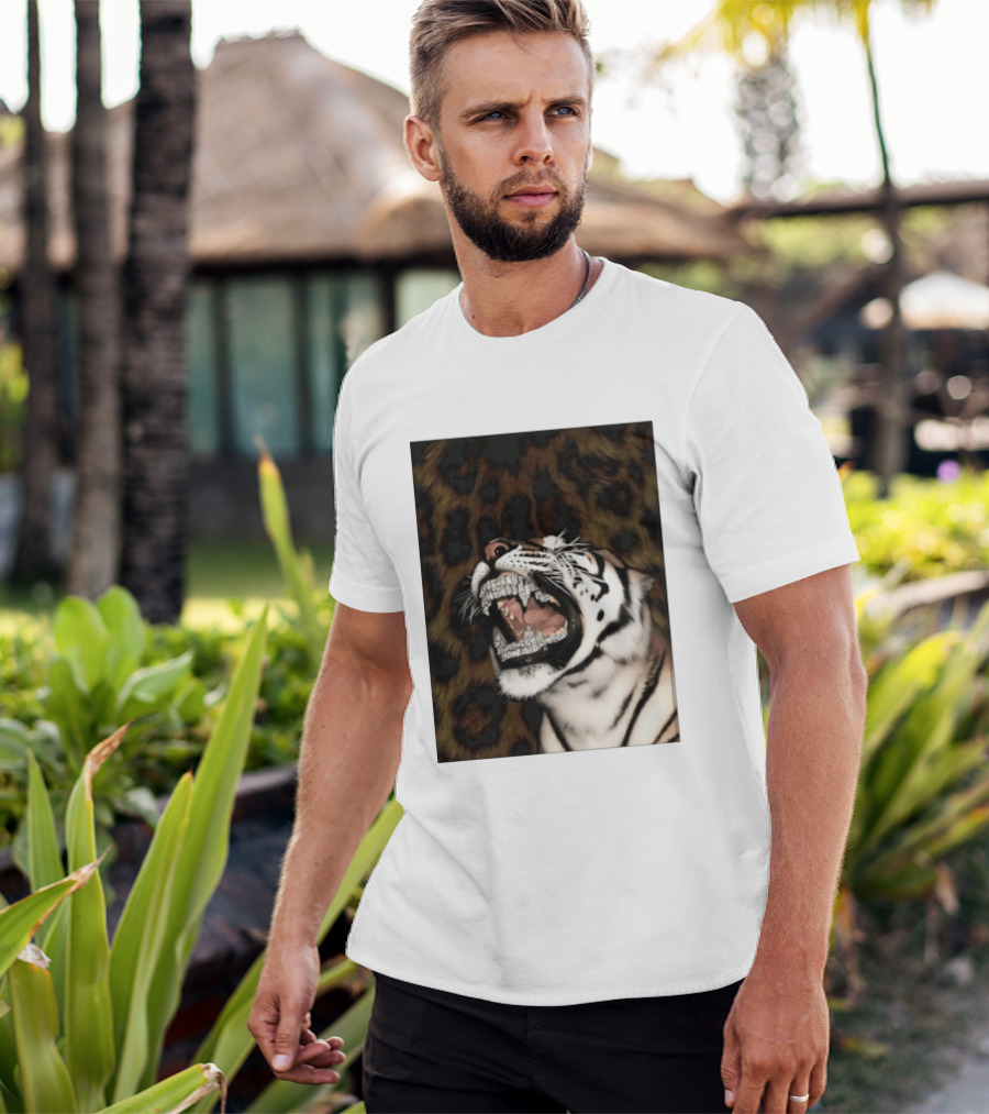 Tiger Diamond Grillz Iced Out Animal Roaring With Leopard Print T-Shirt