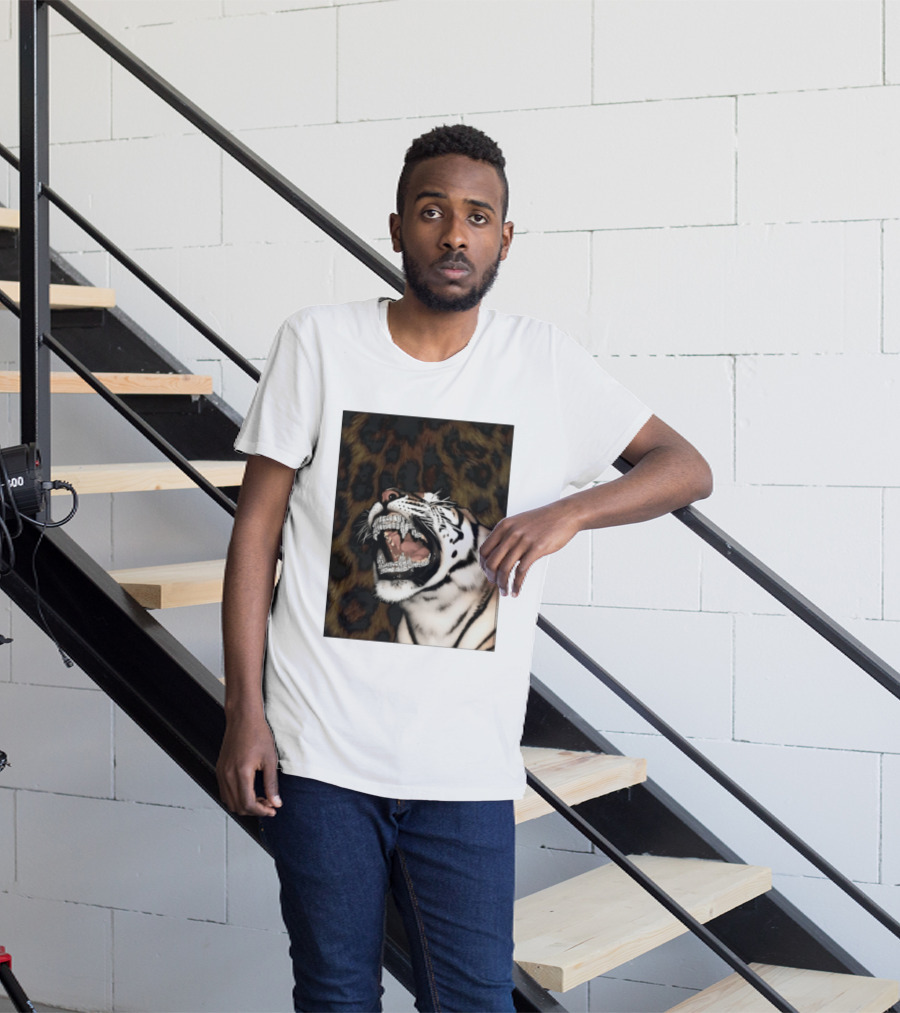 Tiger Diamond Grillz Iced Out Animal Roaring With Leopard Print T-Shirt
