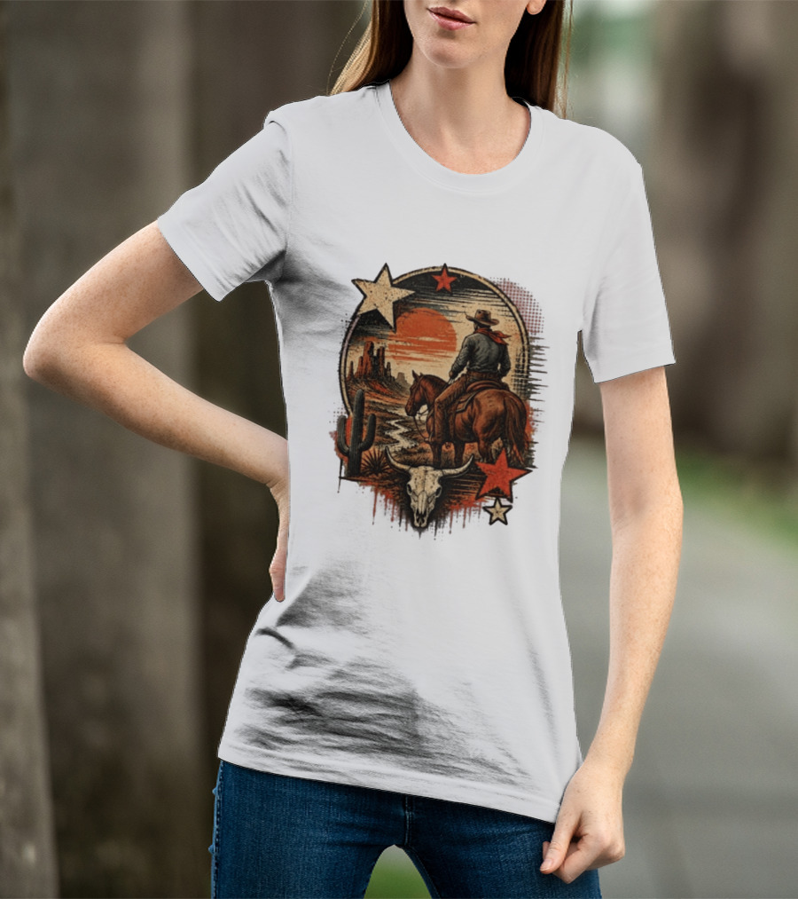 Cowboy On Horseback Under Desert Sunset With Cactus And Skull T-Shirt