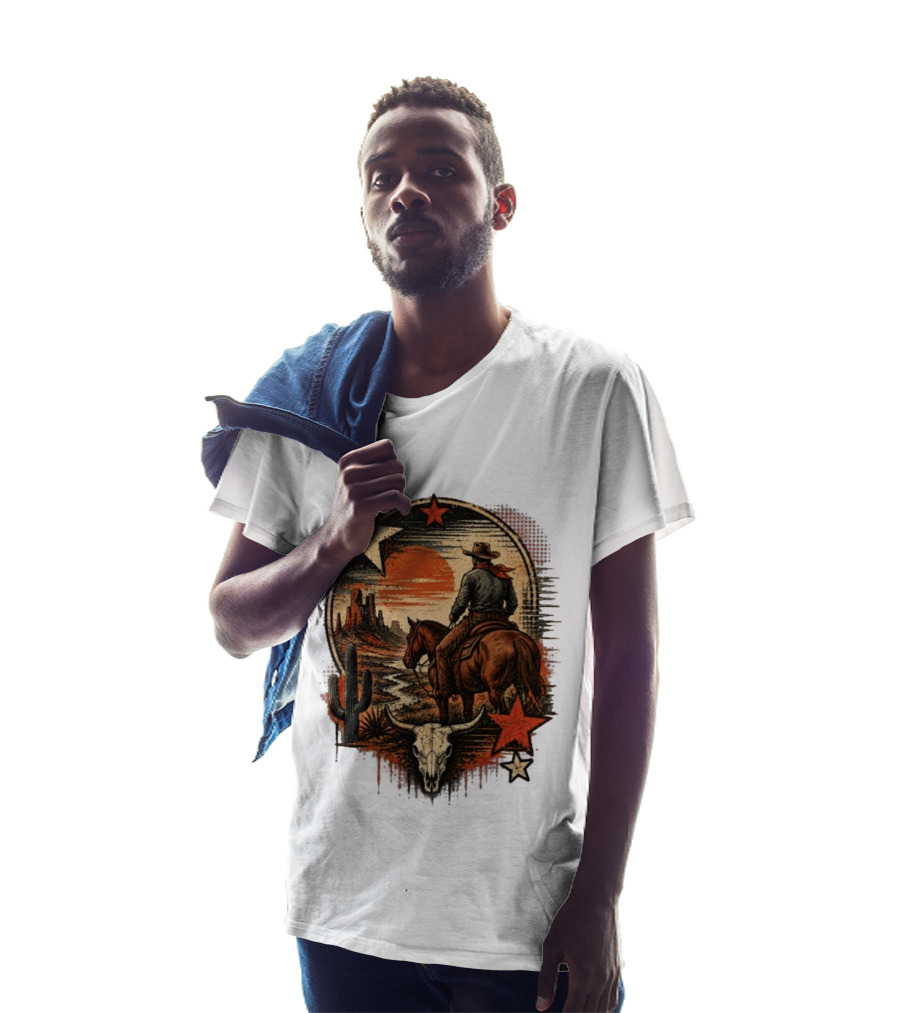 Cowboy On Horseback Under Desert Sunset With Cactus And Skull T-Shirt
