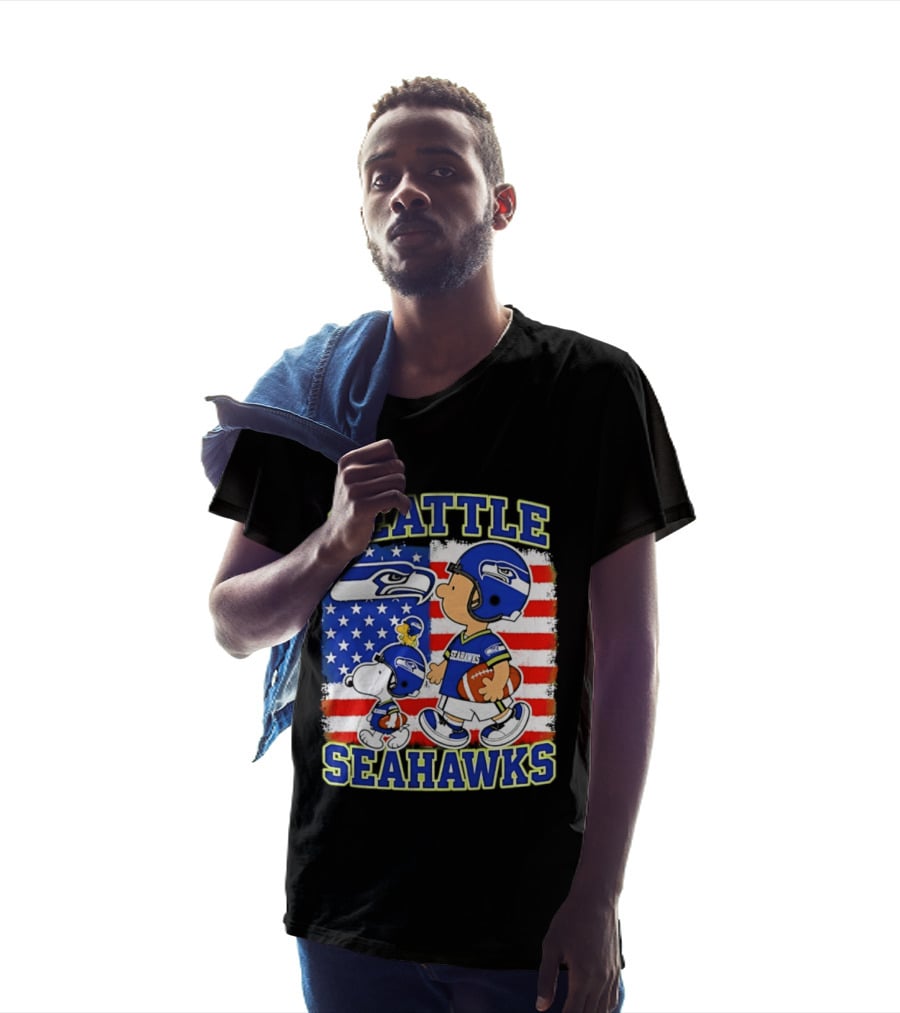 Snoopy Charlie Brown Seattle Seahawks American Flag Football T-Shirt