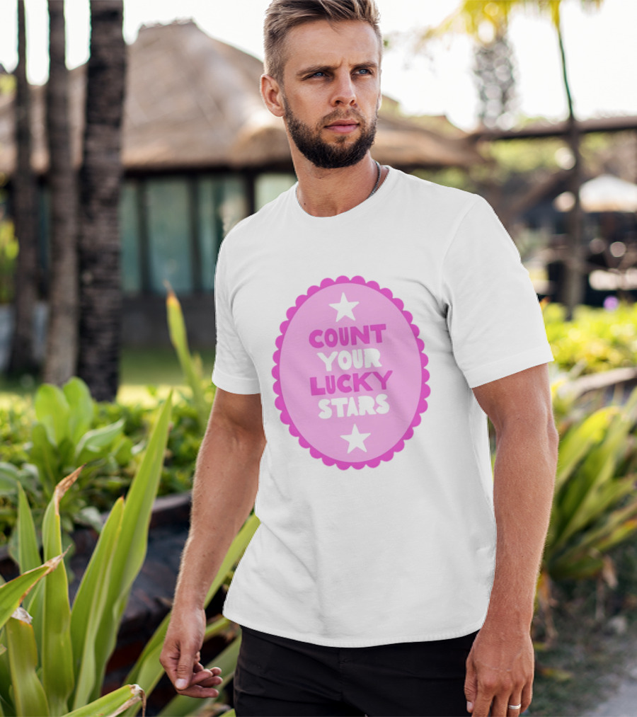 Count Your Lucky Stars Pink Oval Motivational Message T-Shirt