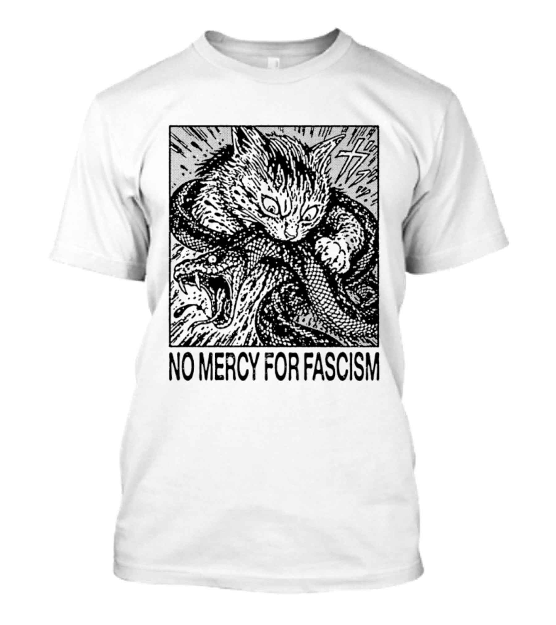 No Mercy For Fascism Cat Fighting Snake T-Shirt