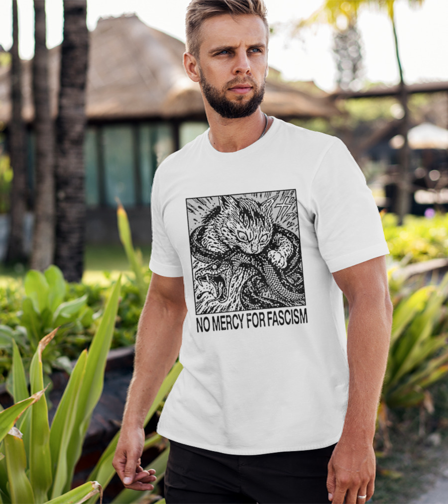 No Mercy For Fascism Cat Fighting Snake T-Shirt