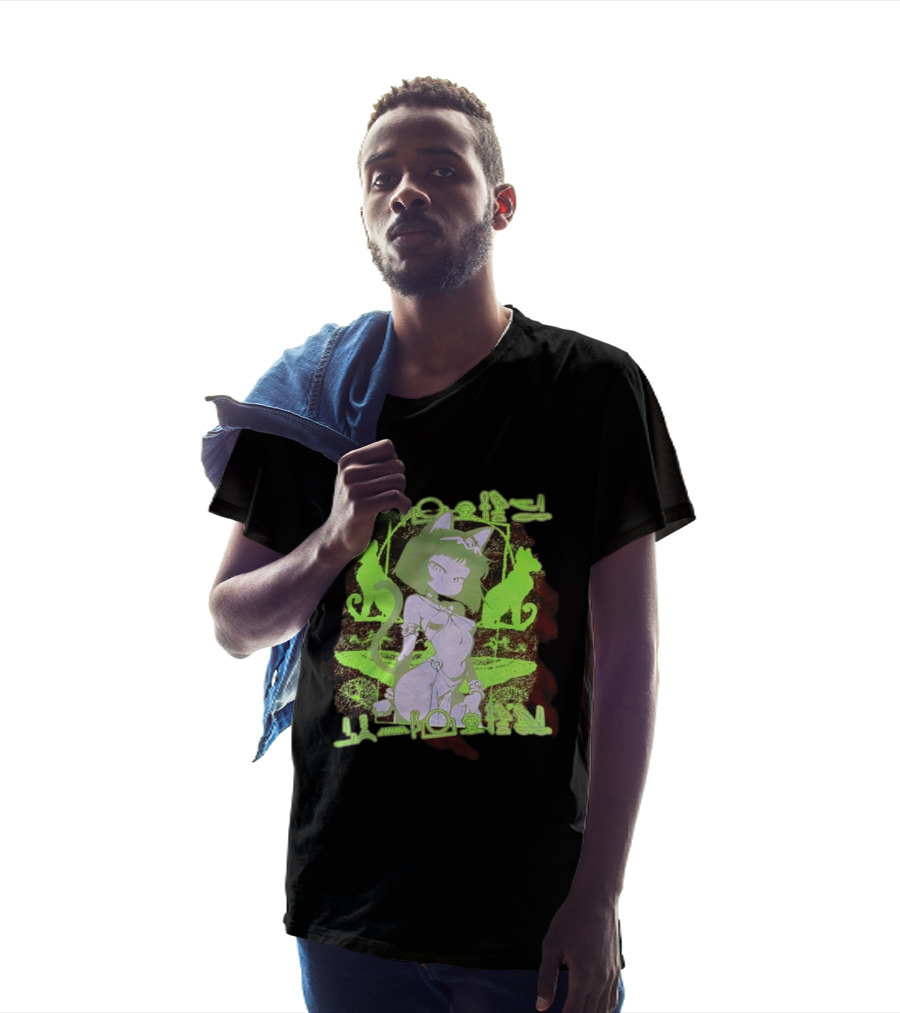 Anime Cat Girl Egyptian Hieroglyphics Neon Green Aesthetic T-Shirt