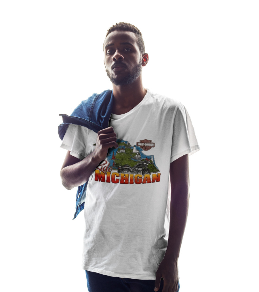 Ride Michigan Harley Davidson Motor Cycles Island Map And Lighthouse T-Shirt