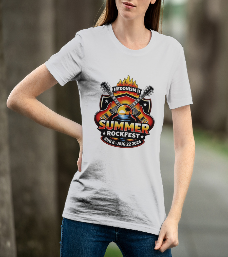 Hedonism II Summer Rockfest August 8 22 2026 Guitars Sunset Palms Fire T-Shirt