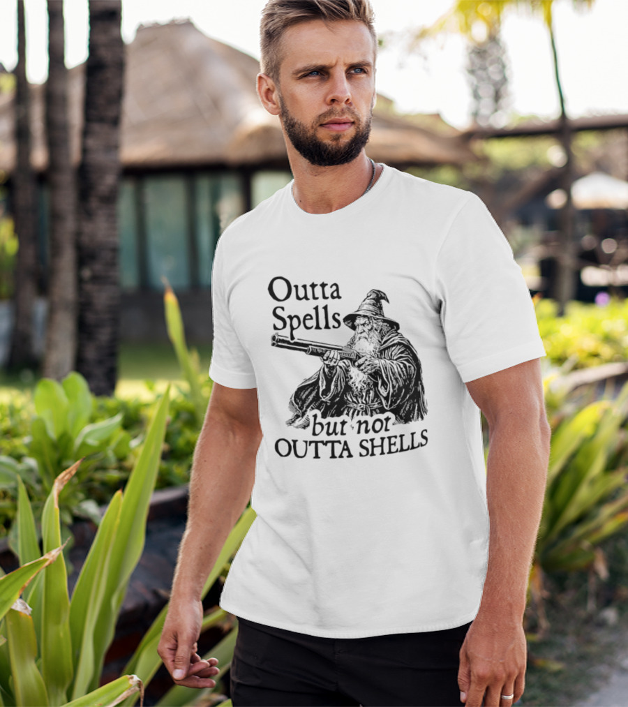 Outta Spells But Not Outta Shells Wizard With Shotgun T-Shirt