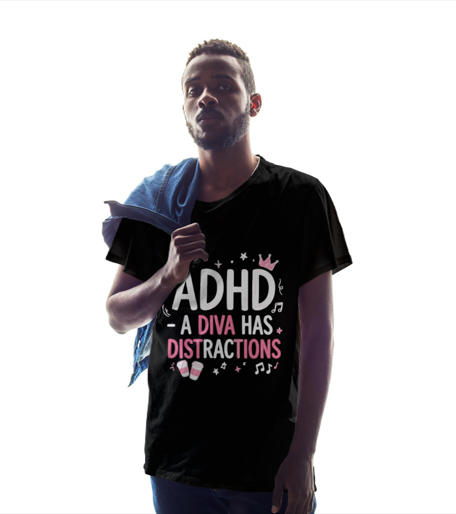 ADHD A Diva Has Distractions Pink Coffee Crown Musical Notes T-Shirt
