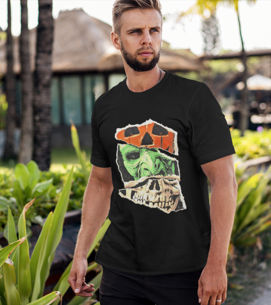 Halloween Trio Three Masks Horror Season Of The Witch Pumpkin Skull Green Mask T-Shirt