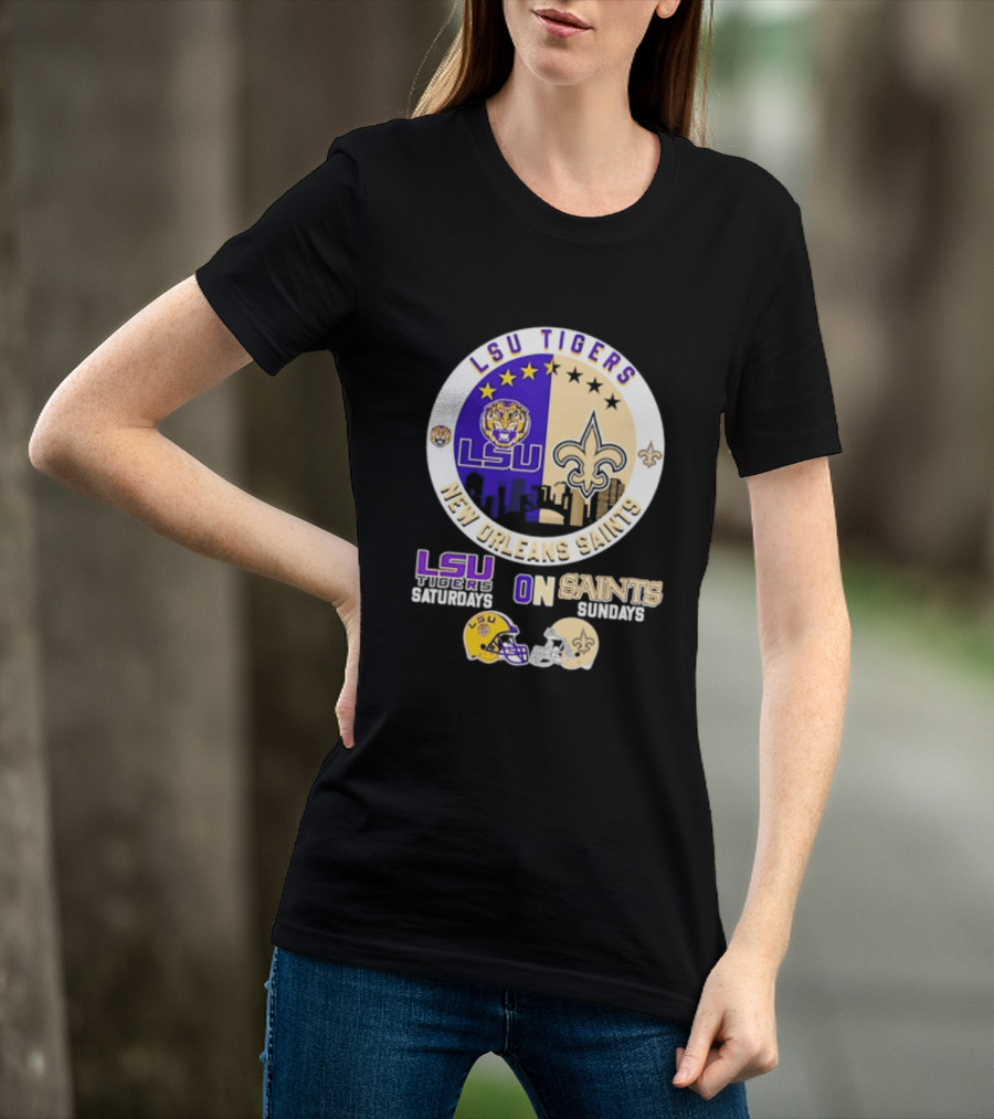 LSU Tigers New Orleans Saints Skyline Helmet Celebration Saturdays Sundays T-Shirt