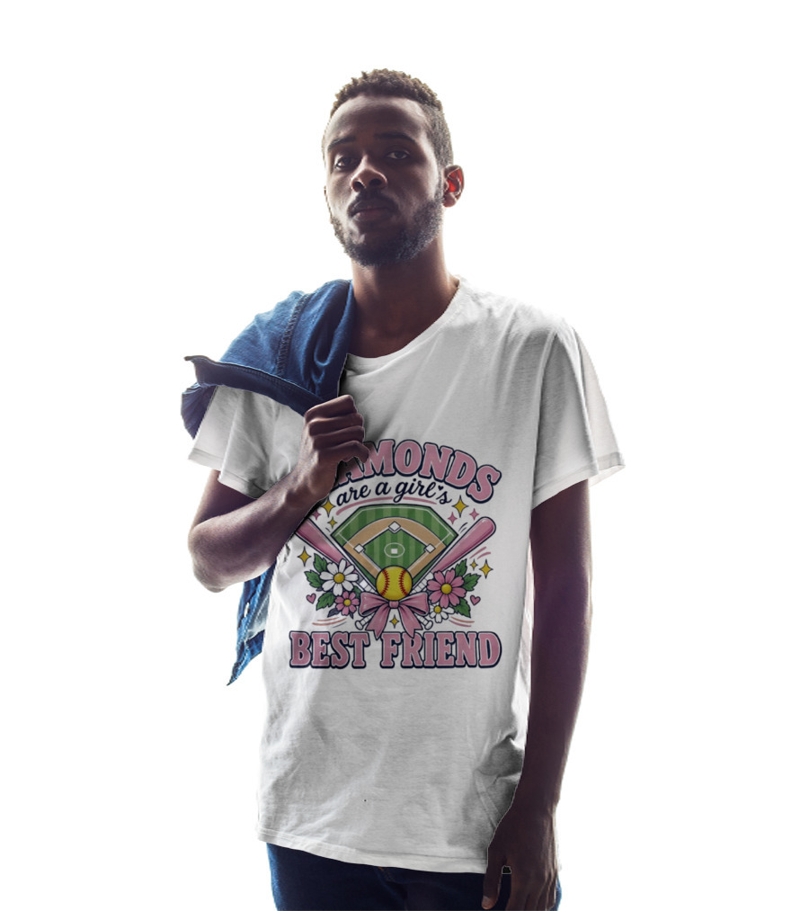 Diamonds Are A Girl's Best Friend Softball Field Pink Bats Floral Stars T-Shirt