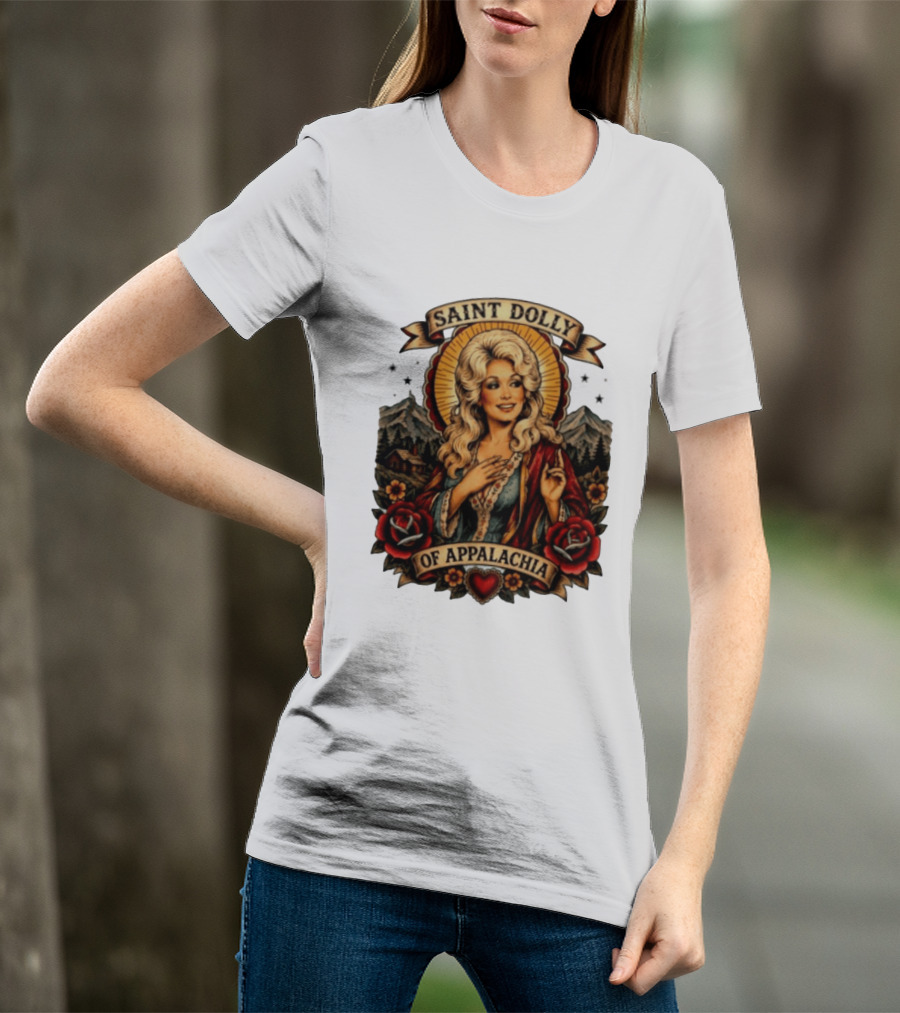 Saint Dolly Of Appalachia Iconic Tribute With Roses And Mountains T-Shirt