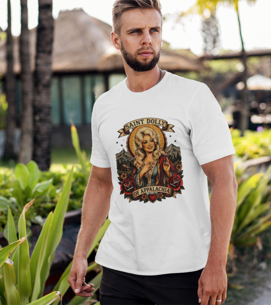 Saint Dolly Of Appalachia Iconic Tribute With Roses And Mountains T-Shirt