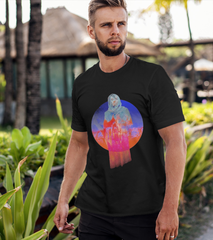 Hot Spot Eclipse Surreal Mystical Figure Eerie Hooded Apparition In Vibrant Color Spectrum T-Shirt