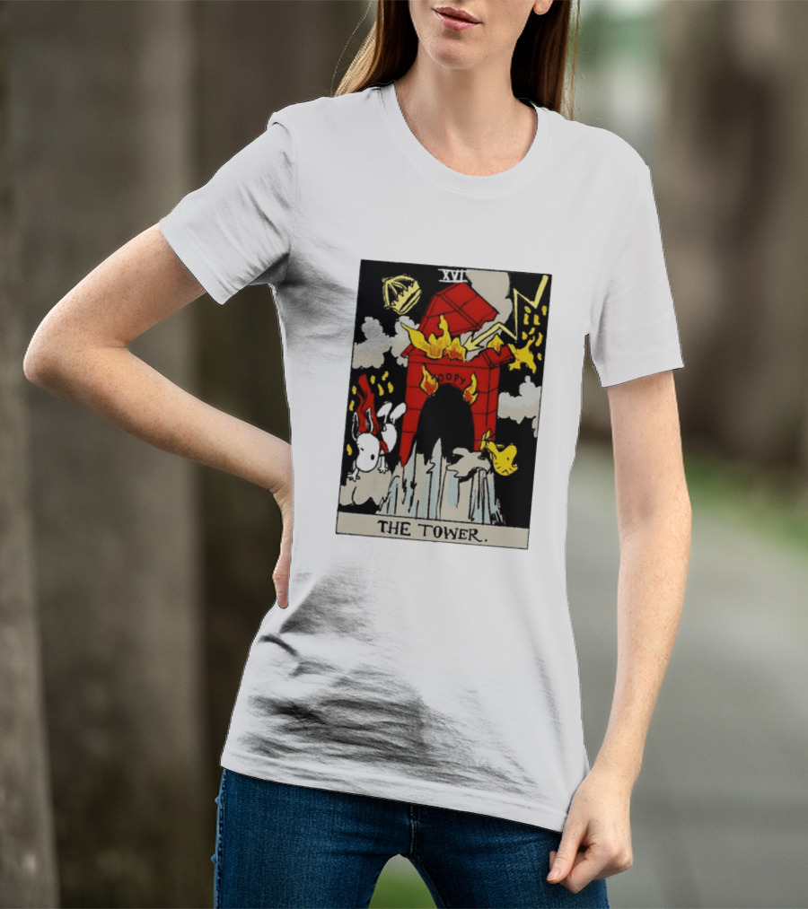 Snoopy The Tower Tarot Card XVII Lightning Flames Clouds Woodstock T-Shirt