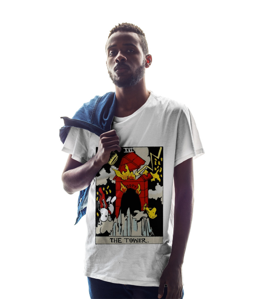 Snoopy The Tower Tarot Card XVII Lightning Flames Clouds Woodstock T-Shirt
