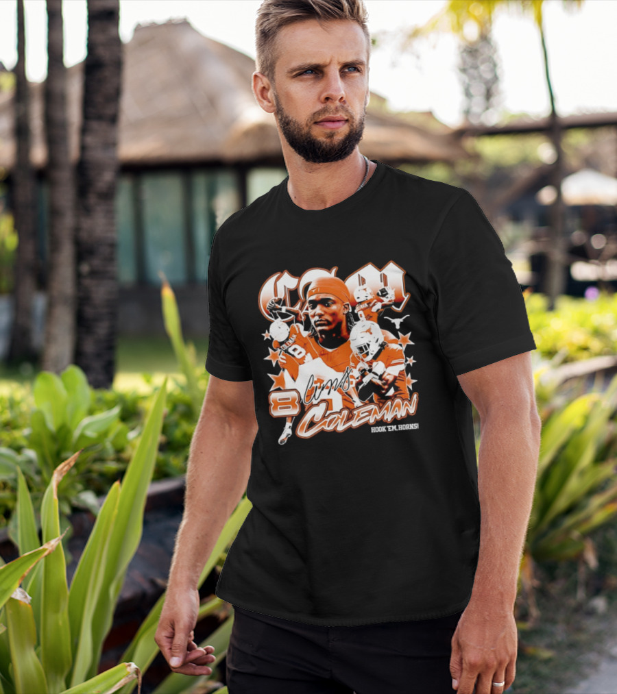 Cameron Coleman 8 Texas Longhorns NCAA Football Star Player Action T-Shirt