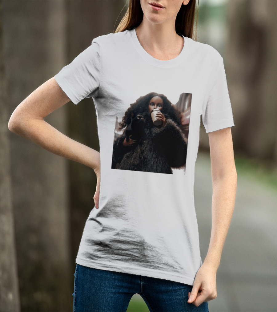 Diana's Cat Club Fashionable Coffee Moment With Furry Coat And Black Cat T-Shirt