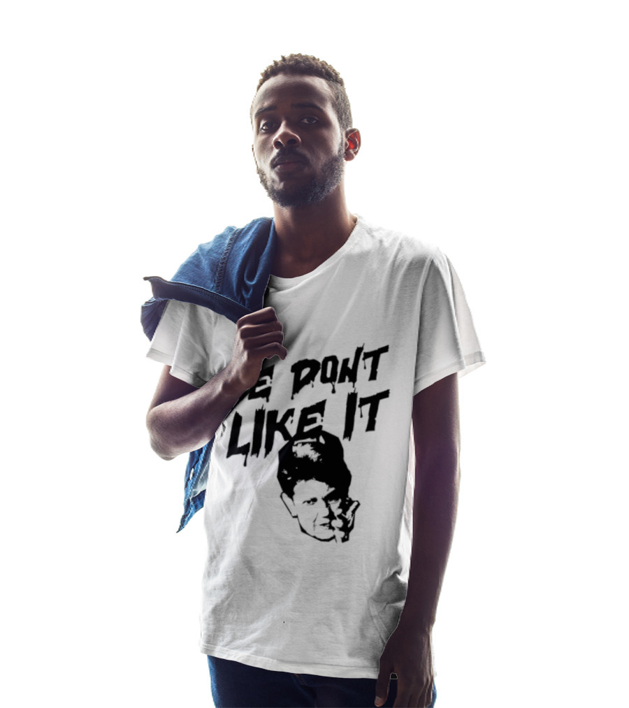We Don't Like It Pointing Finger Disapproval Uppercase Text With Face T-Shirt