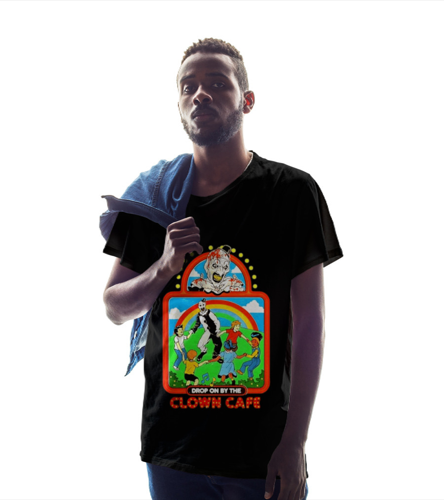 Drop On By The Clown Cafe Creepy Clown Horror With Rainbow And Dancing Kids T-Shirt