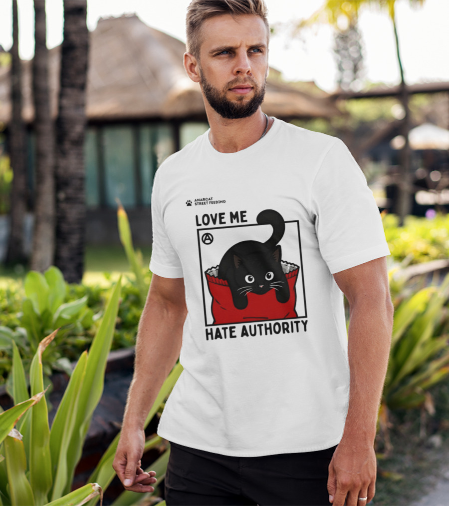 Anarcat Street Feeding Love Me Hate Authority Black Cat Red Bag T-Shirt