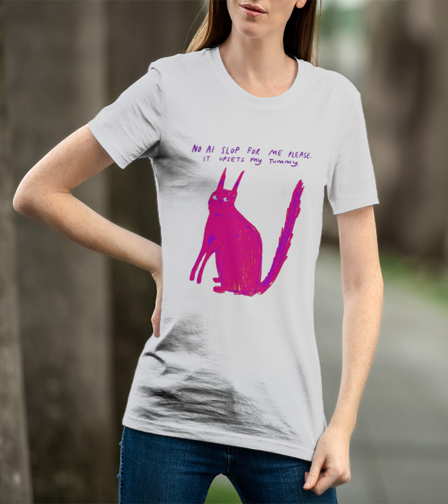 No AI Slop For Me Please It Upsets My Tummy Pink Cat T-Shirt