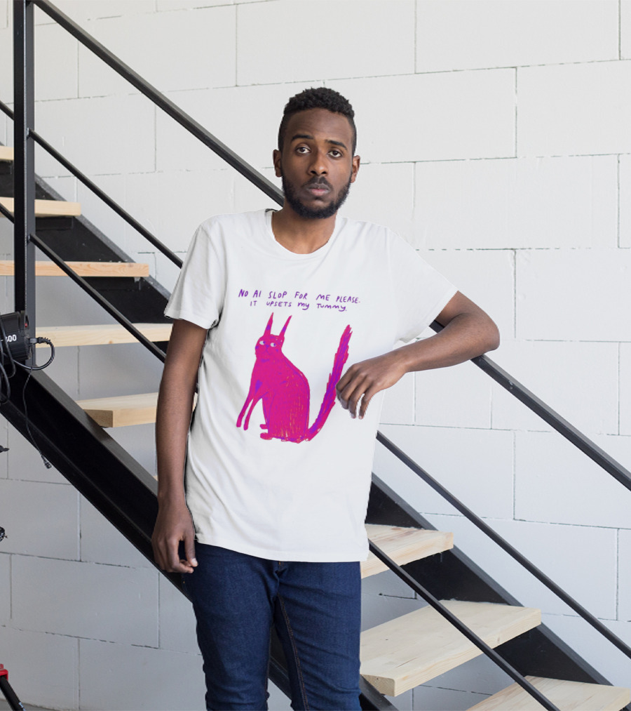 No AI Slop For Me Please It Upsets My Tummy Pink Cat T-Shirt
