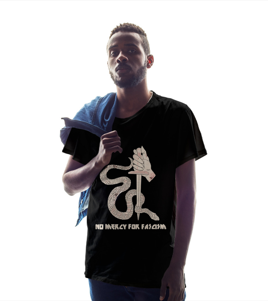 No Mercy For Fascism Snake Winding Around Dagger And Hand T-Shirt