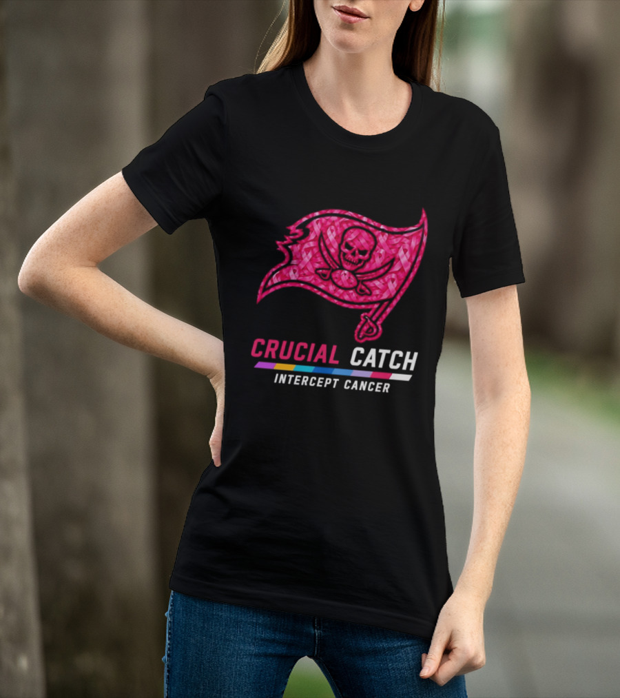 Tampa Bay Buccaneers 2026 Crucial Catch Intercept Cancer Pink Ribbon Flag T-Shirt