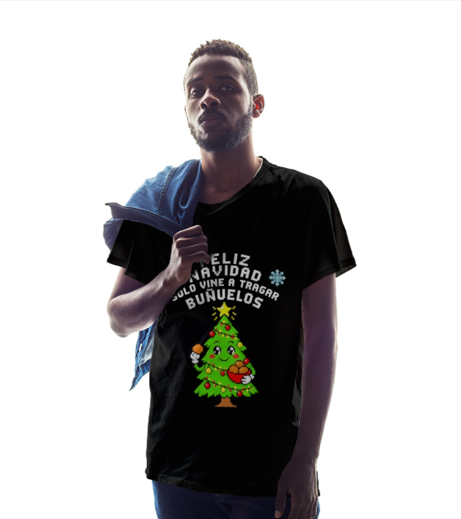 Feliz Navidad Solo Vine A Tragar Bunuelos Funny Christmas Tree Holiday Greetings T-Shirt