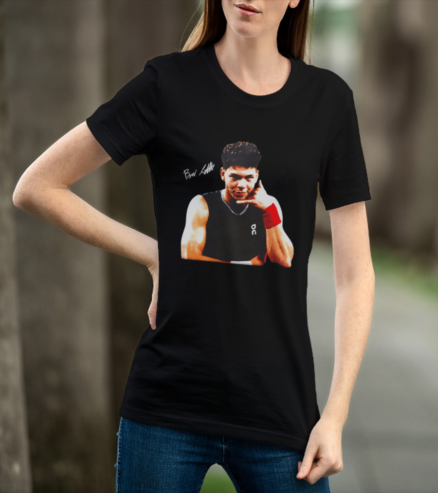 Ben Shelton Phone Gesture On Athletic Tank With Red Wristband T-Shirt