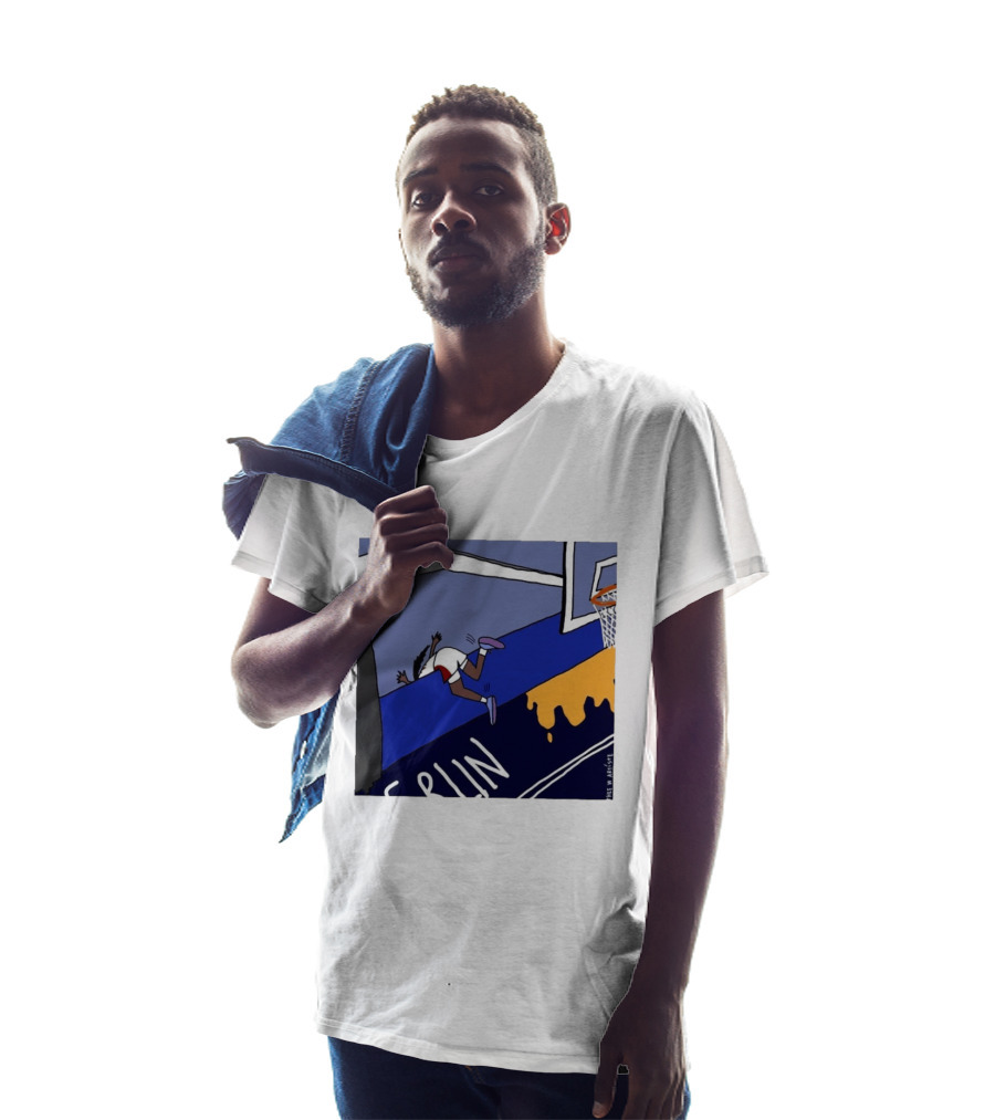Basketball Player Diving Off Court Cartoon NBA Fan Art By Reuben Armstrong T-Shirt