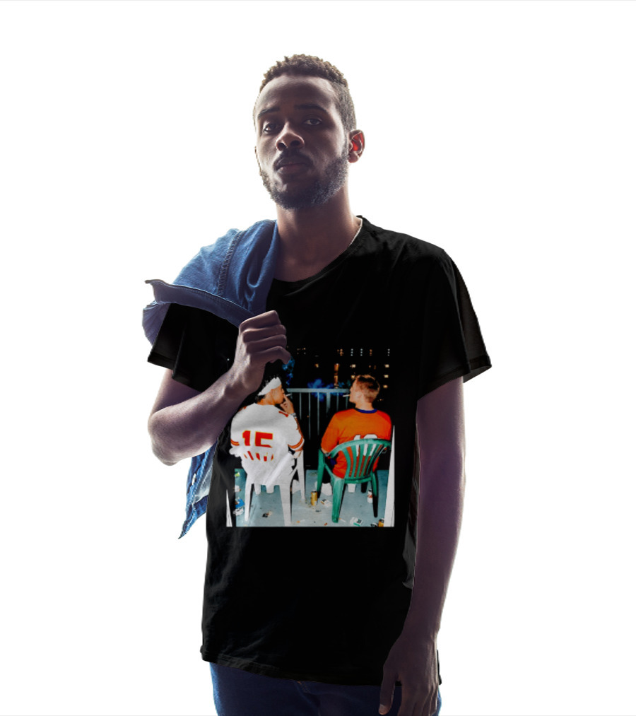 Patrick Mahomes Kansas City Chiefs And Bo Nix Denver Broncos Smoking Behind Skyline T-Shirt