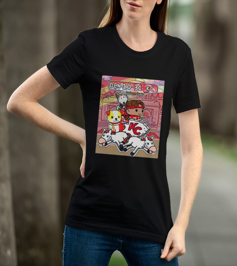 CornDoggy Sports DEN 10 31 KC Denver Broncos Vs Kansas City Chiefs Cartoon Characters And Dogs With Football T-Shirt