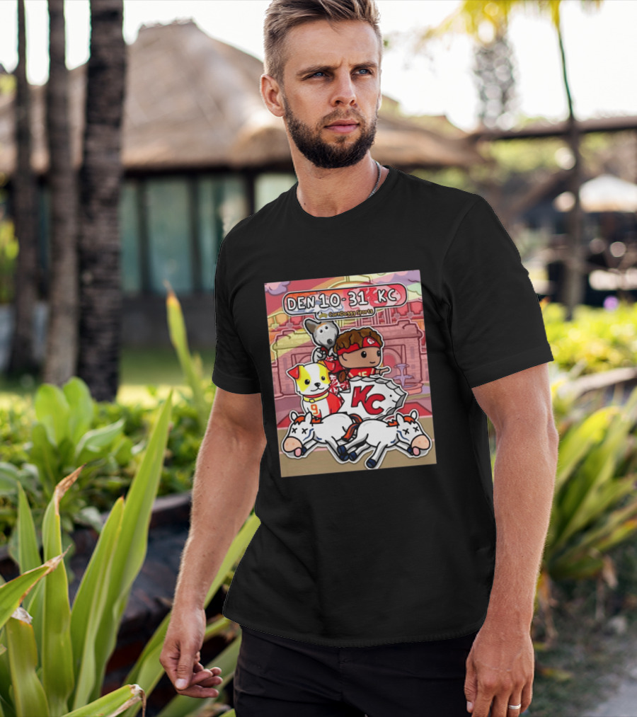 CornDoggy Sports DEN 10 31 KC Denver Broncos Vs Kansas City Chiefs Cartoon Characters And Dogs With Football T-Shirt