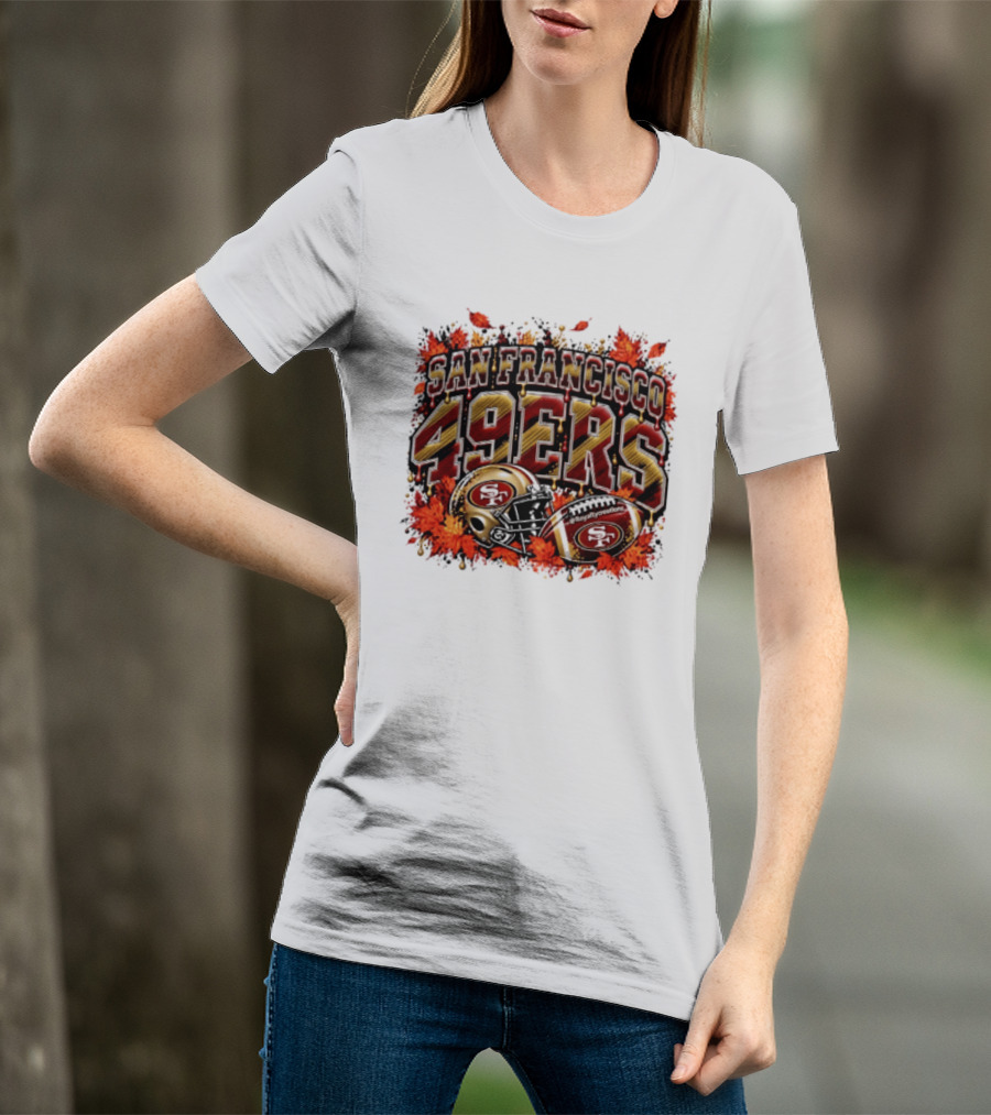 San Francisco 49ers Helmet And Football Autumn Leaves 2026 T-Shirt