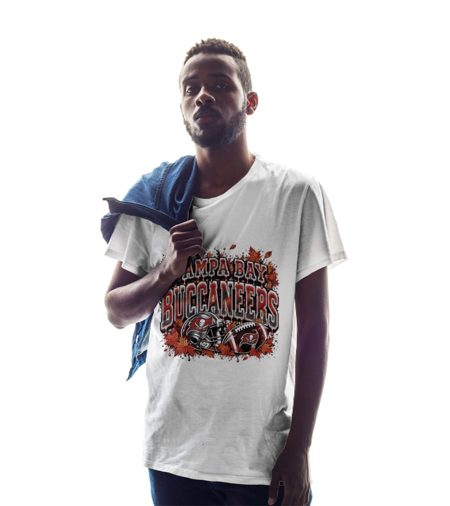 Tampa Bay Buccaneers Helmet And Football With Autumn Leaves Halloween 2026 T-Shirt