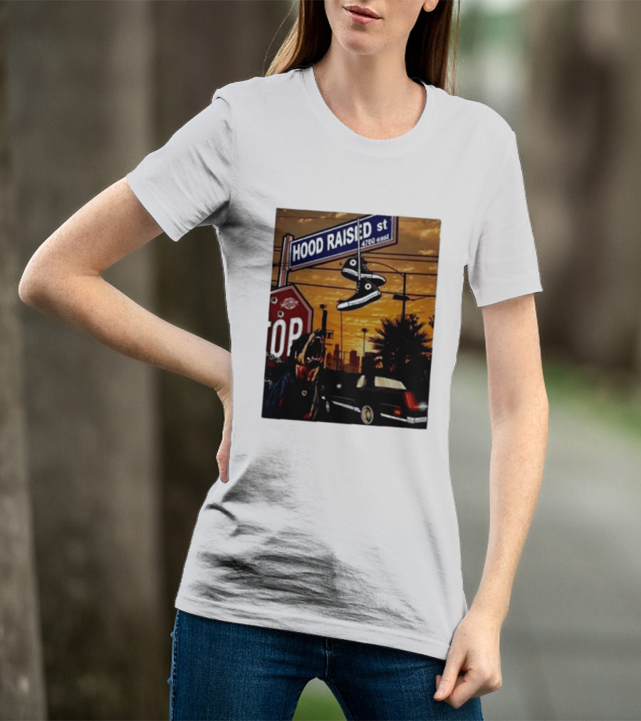Hood Raised Street 4700 East Rottweiler Lowrider Sneakers And Sunset Urban Scene T-Shirt