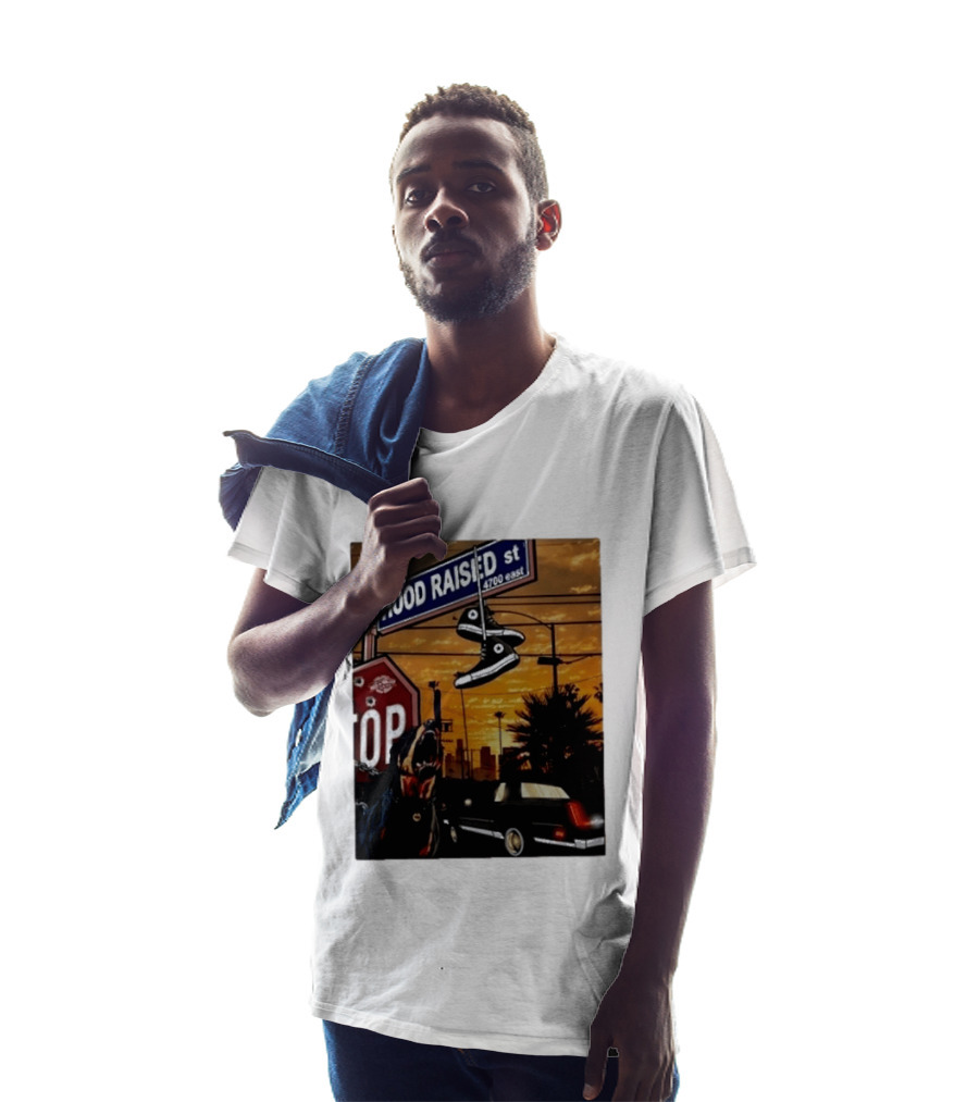 Hood Raised Street 4700 East Rottweiler Lowrider Sneakers And Sunset Urban Scene T-Shirt