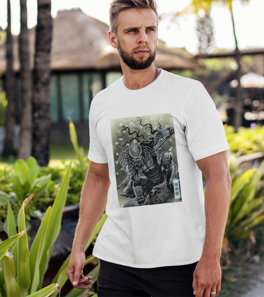 Yautja Samurai Mashup With Cherry Blossoms T-Shirt