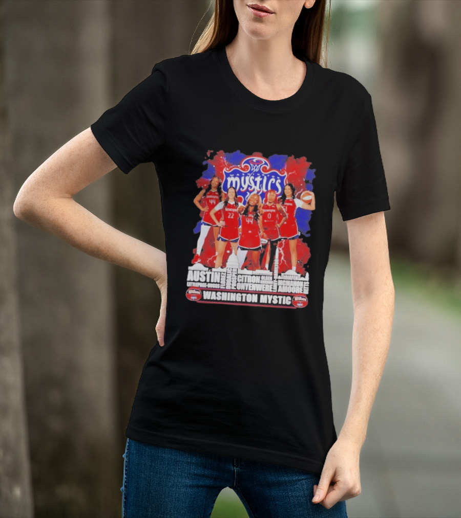 Washington Mystics Roster WNBA Basketball Skyline Austin Littlepage Buggs Poole Citron Onyenwere Amihere Olsen McMahon Amooore T-Shirt