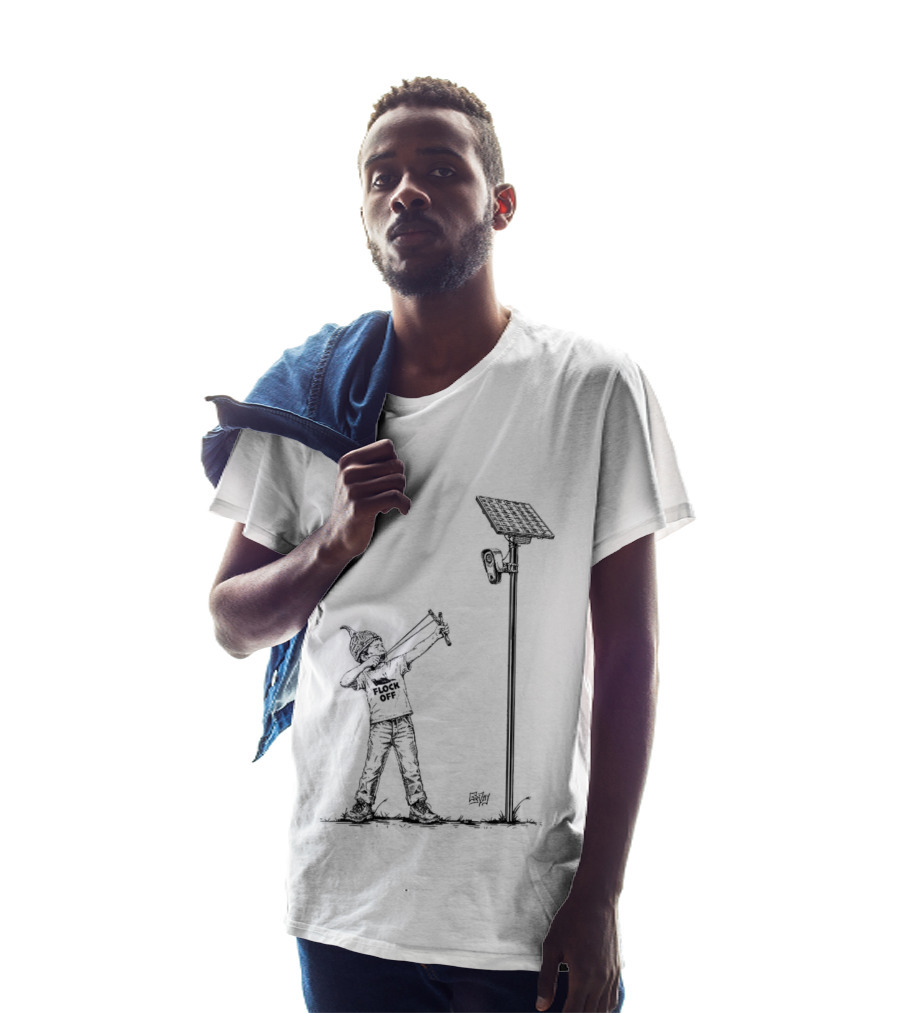 Boy With Slingshot Targeting Solar Camera Flock Off T-Shirt
