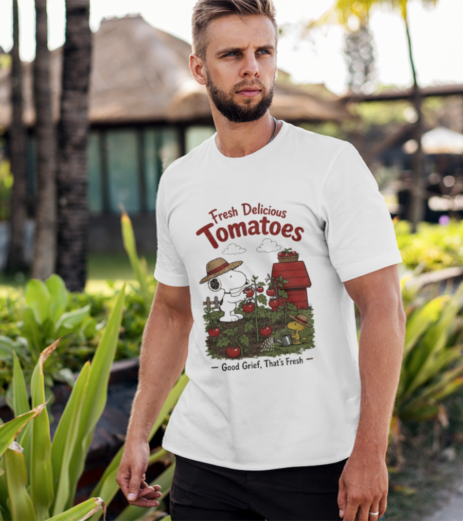 Snoopy Fresh Delicious Tomatoes Good Grief That's Fresh Garden Scene T-Shirt