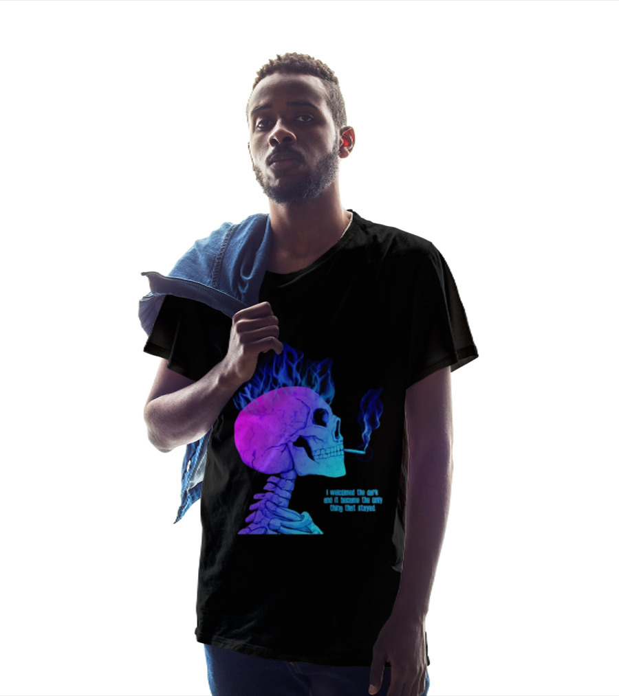I Welcomed The Dark And It Became The Only Thing That Stayed Skull Smoking Blue Fire Hair T-Shirt
