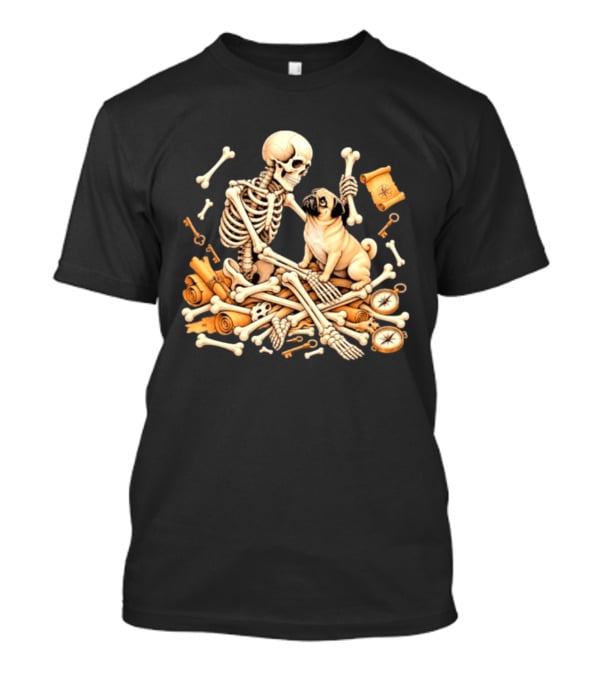 Skeleton And Pug With Bones And Scrolls Halloween Adventure T-Shirt